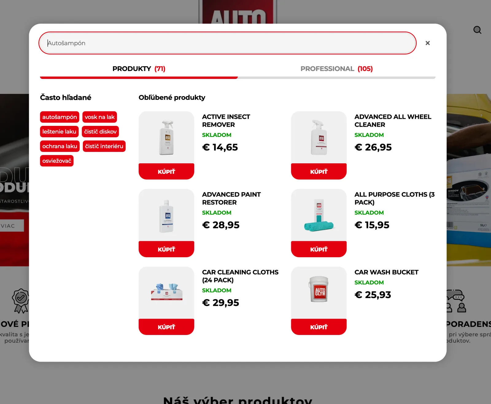 Vyhledávací okno Revelor na e-shopu Autoglym — záložky Produkty a Professional, často hledané dotazy a oblíbené produkty