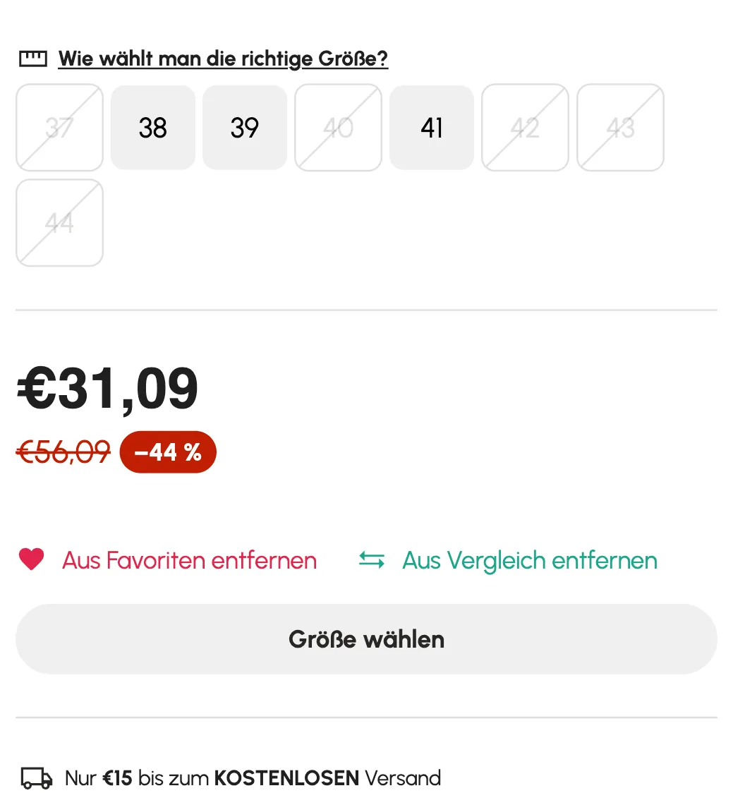 Detail produktu na e-shopu Bosono — tlačítka oblíbených a porovnání ve stylu šablony vedle mřížky velikostí
