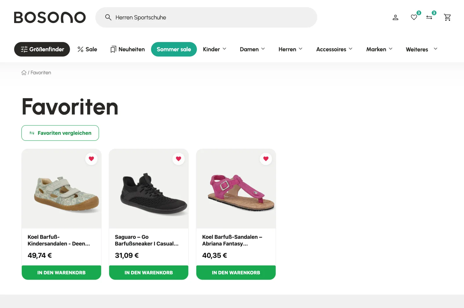 Stránka oblíbených produktů Revelor na německém e-shopu Bosono — srdíčka na kartách a tlačítko porovnat oblíbené