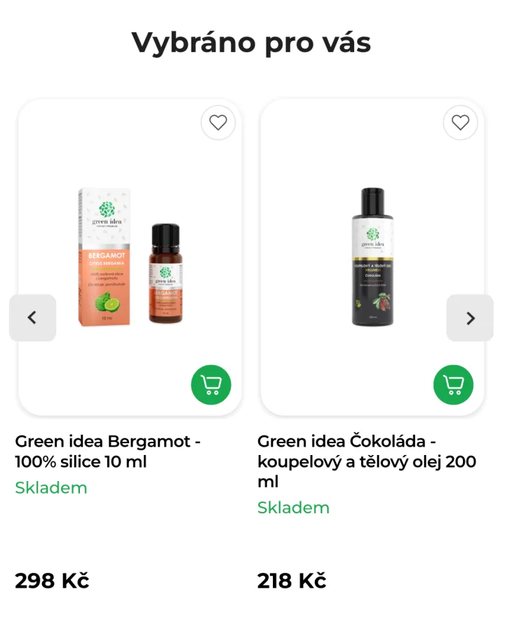 Doporučovací blok Vybráno pro vás na mobilní verzi e-shopu Green Idea — karusel personalizovaných produktů se srdíčky