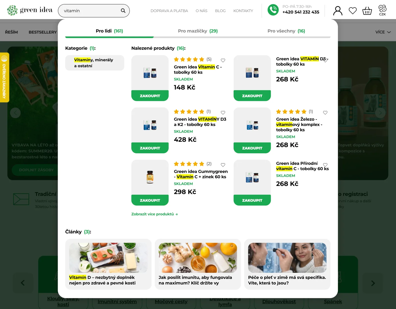 Našeptávač Revelor na e-shopu Green Idea — zvýrazněné shody, kategorie, produkty s hodnocením i články