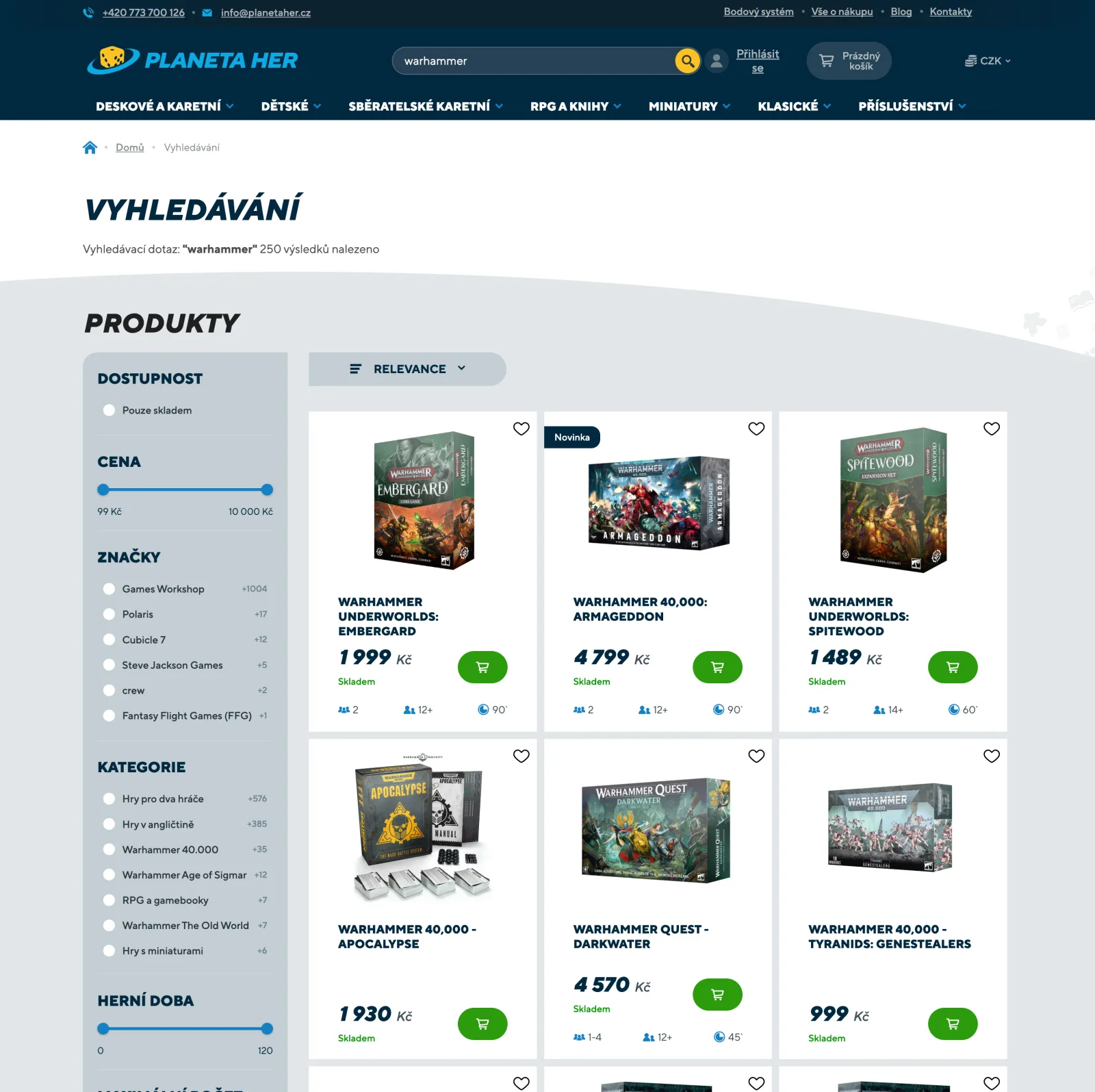 Výsledková stránka Revelor na e-shopu Planeta Her — filtry v levém sidebaru včetně posuvníků ceny a herní doby