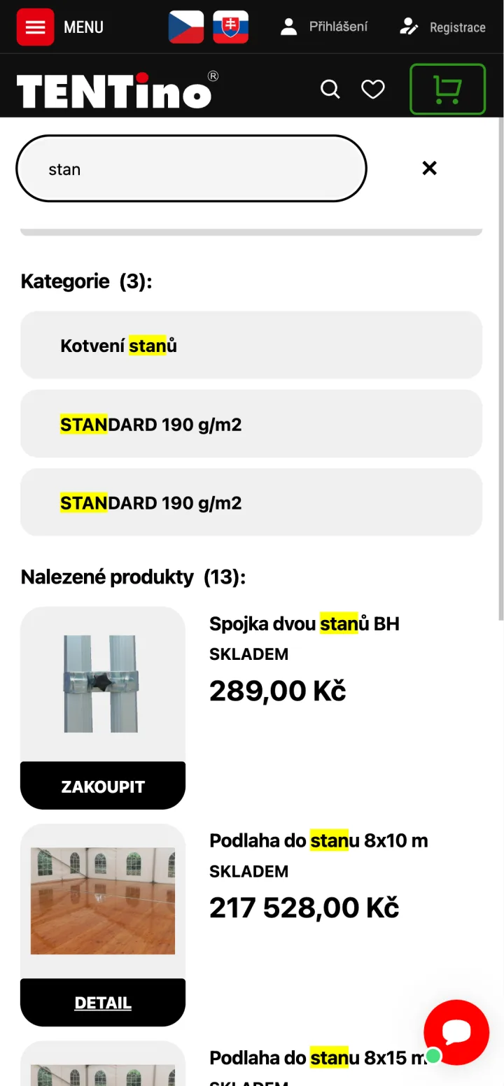 Mobilní vyhledávání Revelor na Tentino s přepínačem české a slovenské mutace