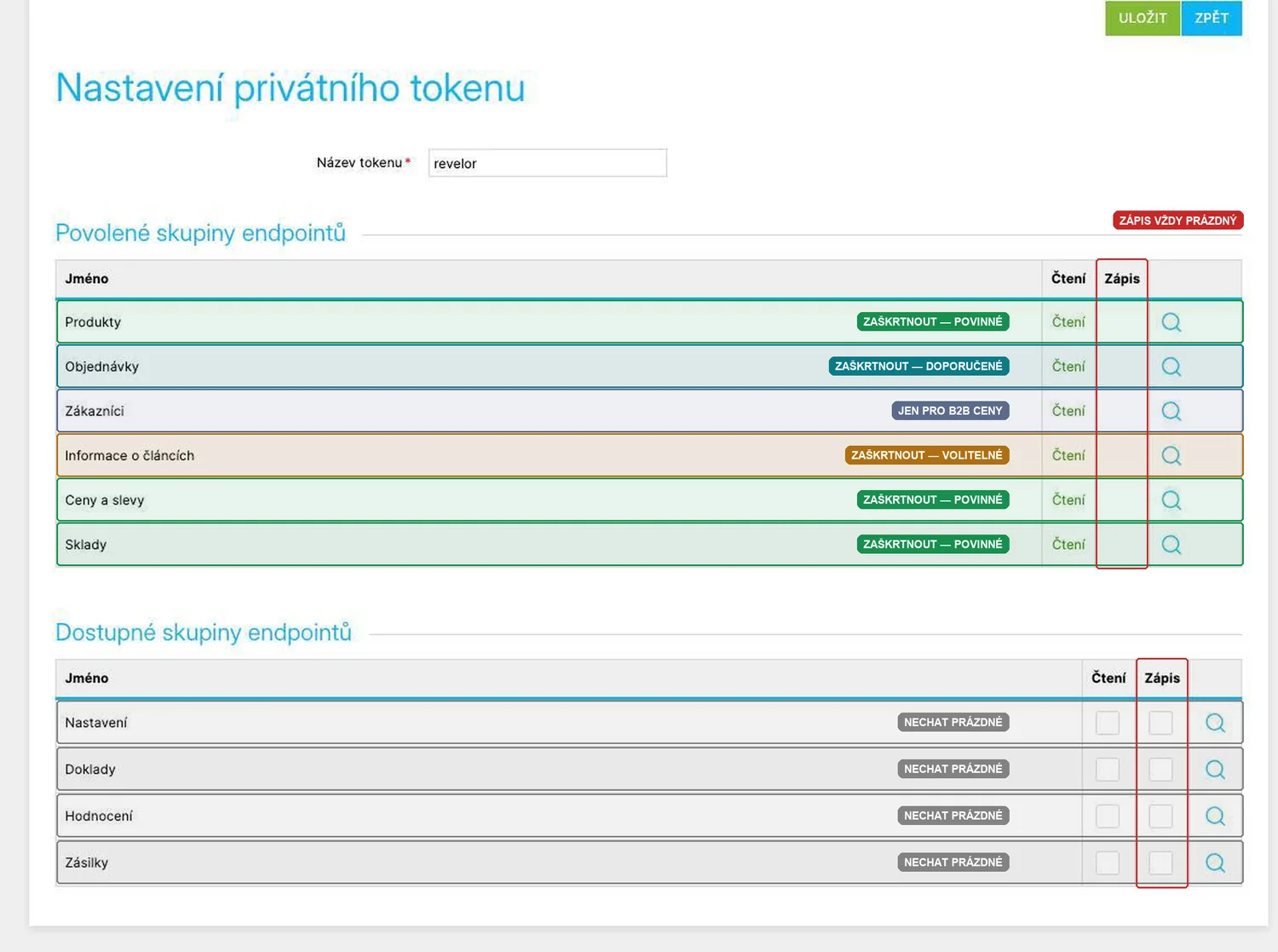 Nastavení privátního tokenu v administraci Shoptetu s vyznačenými skupinami endpointů